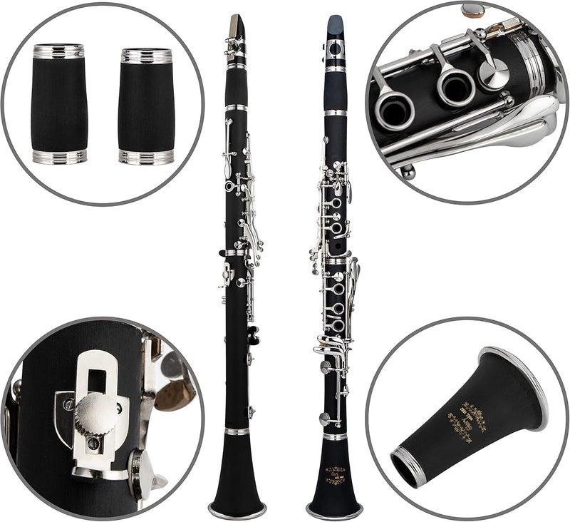 Glory GLY-PBK Professional Ebonite Bb Clarinet with 10 Reeds, Stand, Hard Case, Cleaning Cloth, Cork grease, Mouthpiece Brush and Pad Brush, Black - Image 4